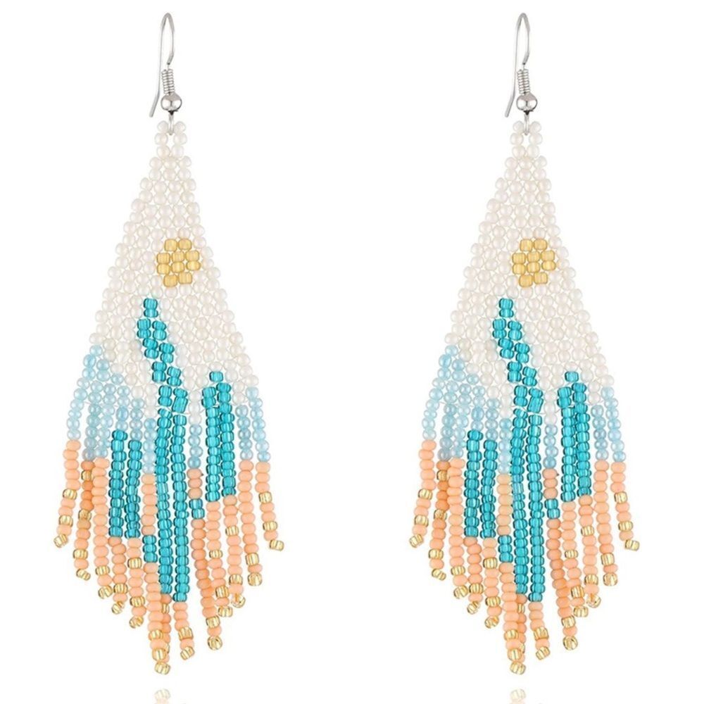 Desert Cactus Boho Seed Bead Tassel Dangling Statement French Wire Hook Earrings